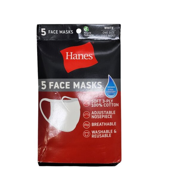 NEW Hanes 5 Pack White Face Masks Soft 3-Ply 100%‎ Cotton One Size Fits Most - Picture 3 of 3